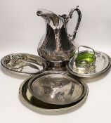 A small silver mustard pot and assorted plated wares including a large copper on electroplate jug,