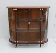 A mid century Indian rosewood glazed display cabinet with lighting, width 133cm, depth 36cm,