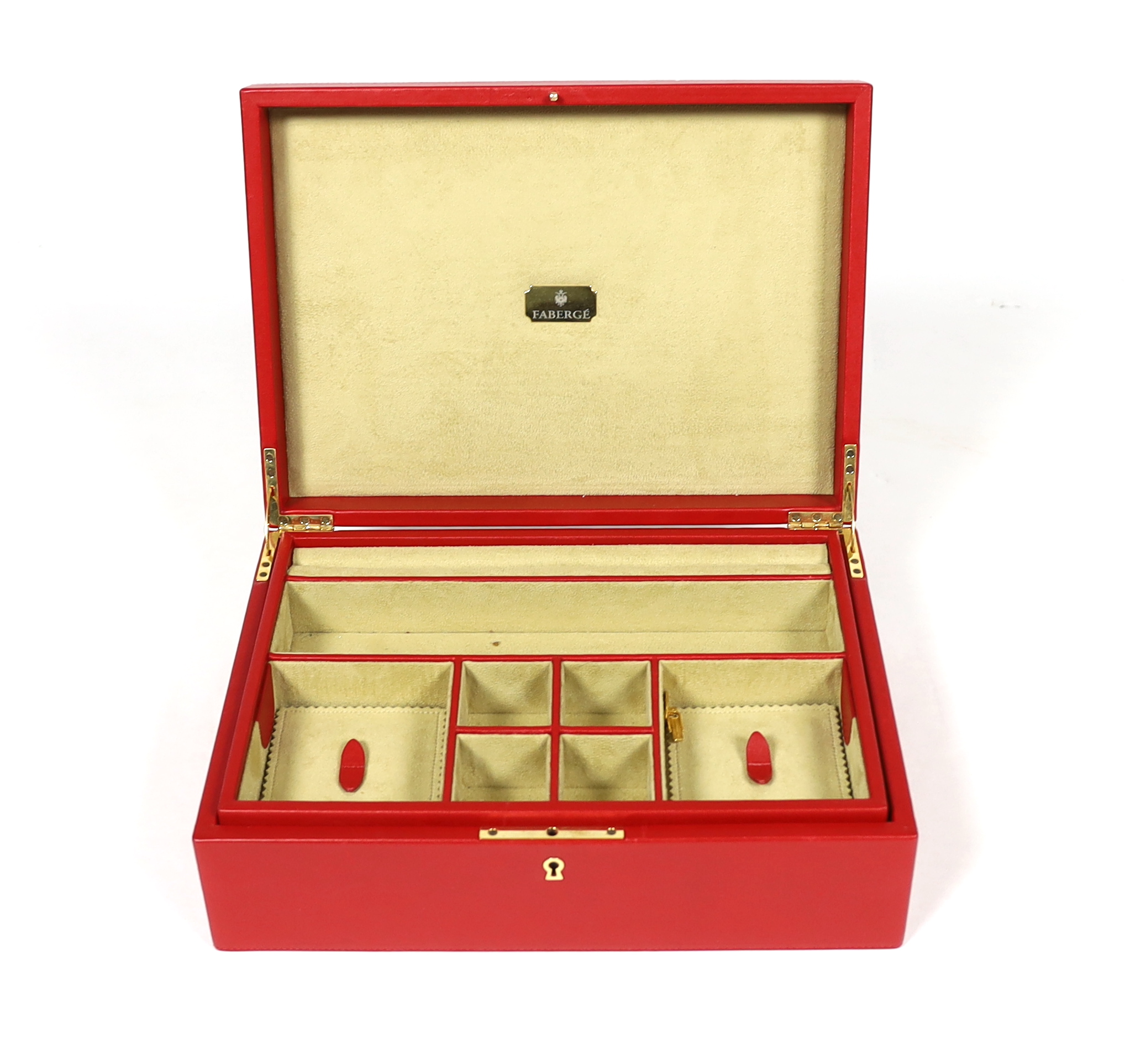 A Fabergé cased red leather jewellery box, width 33cm***CONDITION REPORT***Looks to have had only - Image 2 of 6