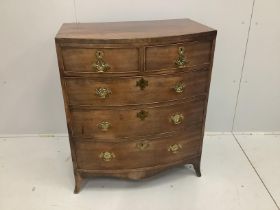 A Regency mahogany bowfront chest of two short and three long drawers, of slender proportions, width