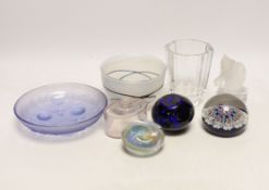 A collection of signed 20th century glassware, a Goebel cat, a Sabino dish, a bowl, an ink bottle,