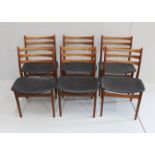 A set of six mid century, Danish design, teak and black leatherette dining chairs, width 50cm, depth