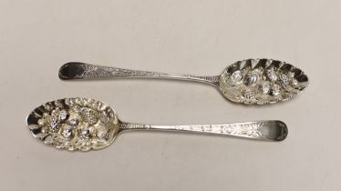 A pair of George III silver Old English pattern 'berry' spoons by Hester Bateman, London, 1784, 21.