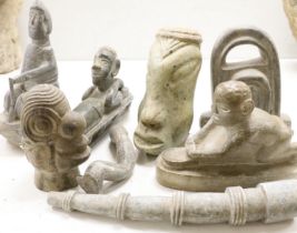 Eight Shona stone carvings, 1960s-70s including a kneeling figure and sleeping figure,both signed