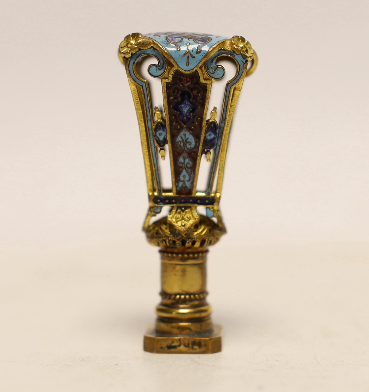A late 19th century French cased gilt metal and champleve enamel desk seal, 5.5cm high***CONDITION - Image 2 of 4