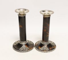 A pair of Edwardian pieced silver mounted tortoiseshell candlesticks, J. Batson & Son, London, 1902,
