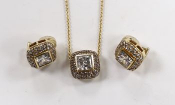 A modern 14ct gold and simulated diamond cluster set pendant necklace, 41cm and a pair of matching