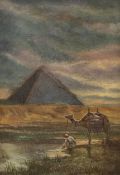 20th century oil on canvas, Figure and camel before a pyramid, 32 x 22cm***CONDITION REPORT***PLEASE