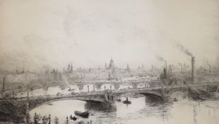 William Lionel Wyllie (1851-1931), etching, 'London Bridge with St Paul's in the distance, signed in