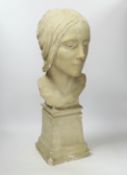 A plaster bust of a woman’s head on a square pedestal, 58cm***CONDITION REPORT***PLEASE NOTE:-