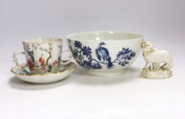 An 18th century Worcester bowl, Chinese cup and saucer and a Derby sheep, bowl 7.5cm***CONDITION
