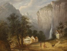 19th century, oil on canvas, Swiss mountainous landscape with figures and chalets, 32 x 42cm***