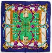 A Hermès 'Grand Manège' Henry d'Origny silk scarf, purples, golds, green, turquoise and pink