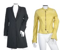 Two Emporio Armani lady's black jackets and one yellow leather biker jacket, long jacket size EU 40,