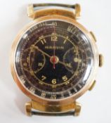 A gentleman's gilt metal Marvin chronograph manual wind black dial wrist watch, no strap, case