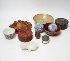 Eleven Chinese or Japanese items including; a bowl, a red lacquer box, an agate carving of a bird