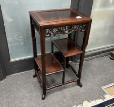 A Chinese hardwood three tier table, width 41cm, depth 31cm, height 74cm