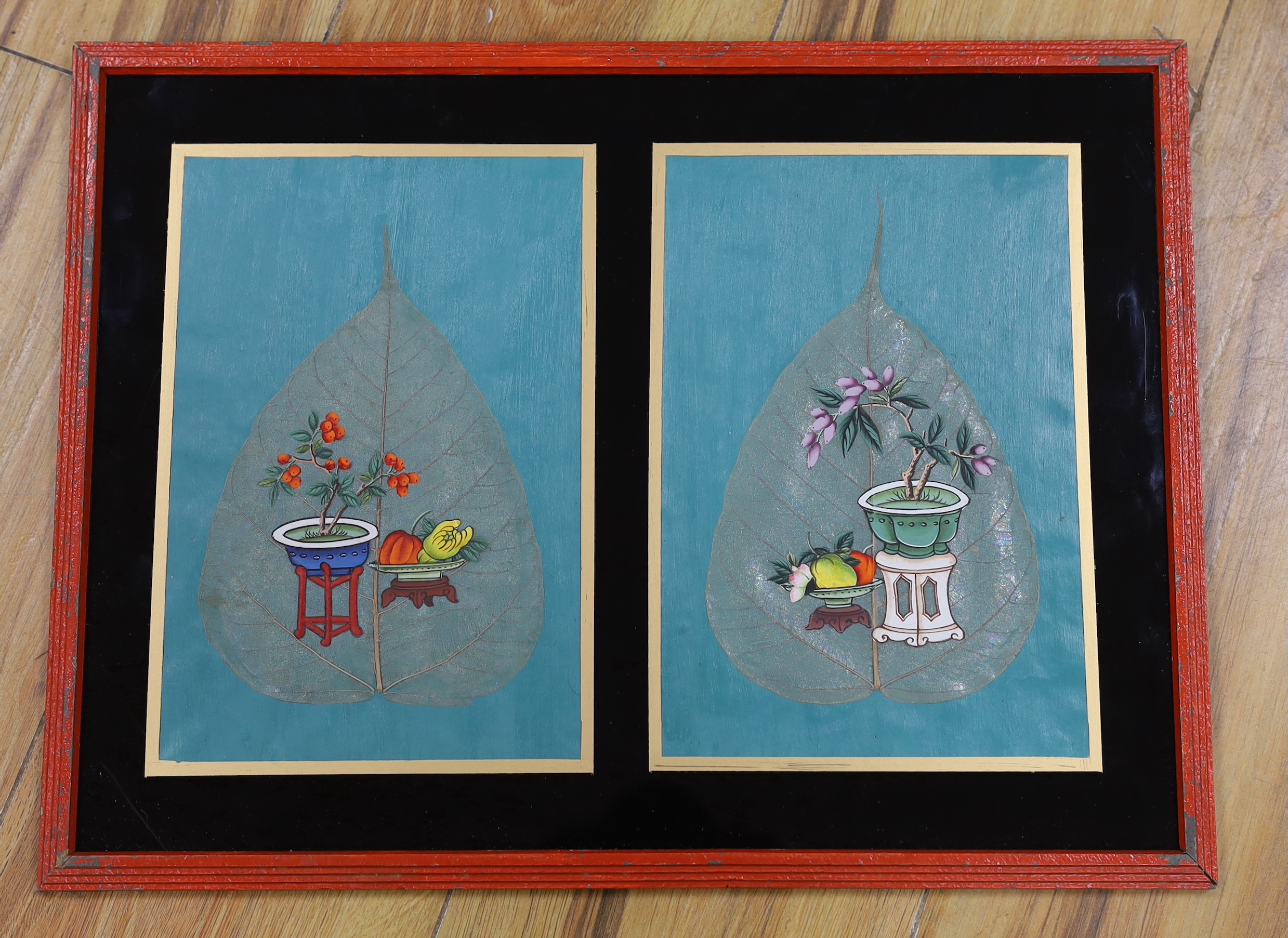 Chinese School, two gouaches on mulberry leaves, Still life of fruit and flowers, mounted and framed