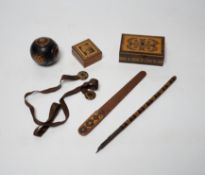 Tunbridgeware - six items including a stickware sovereign case, Victoria profile stamp box, two
