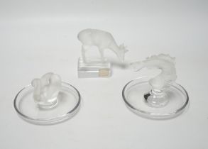 Rene Lalique - two glass pin dishes modelled as a swan and a fish together with a paperweight