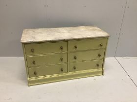 A painted low six drawer marble top chest, width 107cm, depth 45cm, height 62cm