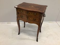 A French marquetry inlaid serpentine side table fitted with two drawers, width 53cm, depth 35cm,
