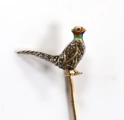 An Edwardian yellow metal, enamel and rose cut diamond set pheasant stick pin, 68mm, gross weight