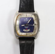 A gentleman's stainless steel Bulova Astronaut Mark II wrist watch, on a leather strap, case