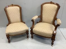 A pair of Victorian amboyna banded walnut salon chairs, one with arms, larger width 72cm, depth
