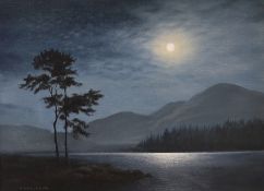 Gerald Davison Coulson (English, 1926-2021), oil on canvas, Moonlit lake scene, signed, 30 x 40cm