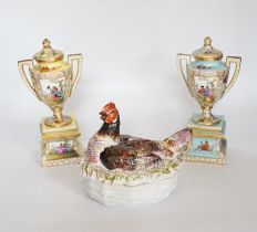 A pair of Dresden porcelain vases and covers (restored) together with a hen egg basket and cover,