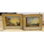 19th century Continental School, pair of oils on board, Harbour scenes with ruins and figures,