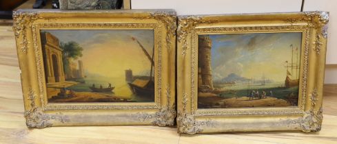 19th century Continental School, pair of oils on board, Harbour scenes with ruins and figures,