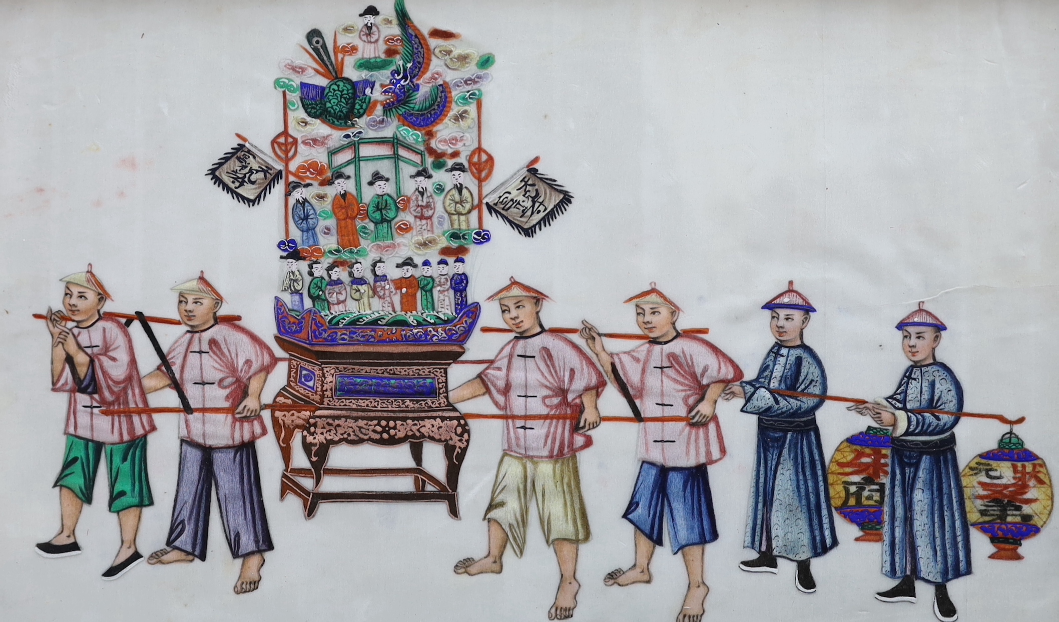 Chinese School, set of four gouaches on pith paper, Processions of figures, 18 x 29cm - Image 4 of 5
