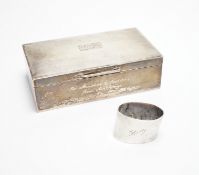 A modern part engine turned silver cigarette box, with engraved inscription, 16cm and a silver