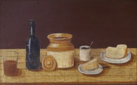 Continental School, oil on board, Table top Still life, indistinctly signed and dated, 14 x 22cm