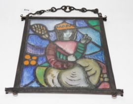 A rectangular wrought iron framed stained glass panel, 44x36cm total