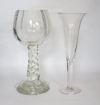 A large glass centrepiece and a tear drop trumpet shaped vase, 38cm