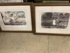 After John Leech a pair of humorous angling prints, three map prints, Sussex, Surrey and Oxfordshire