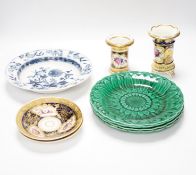Four Victorian greenware plates, two Spode style vases, a pair of saucers and a blue and white