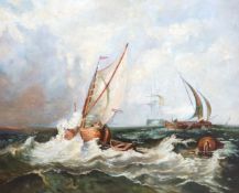 Victorian style, oil on canvas, Ships and rowing boats at sea, indistinct ink inscription verso,