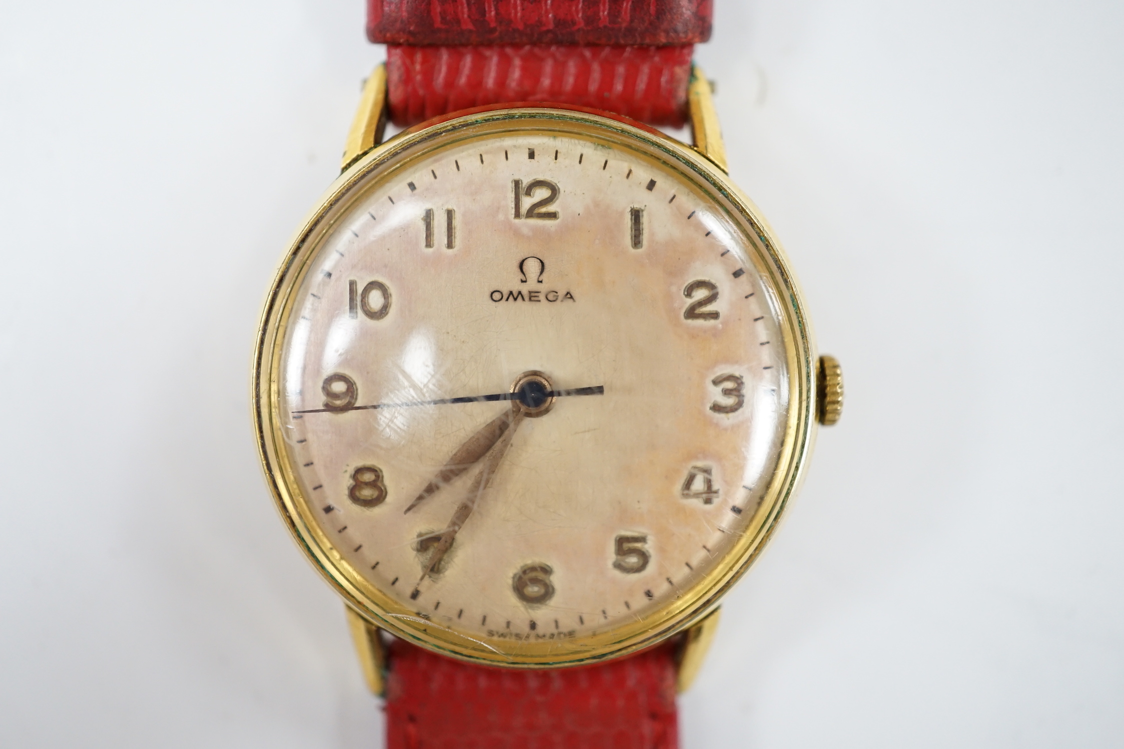 A gentleman's late 1940's gold plated Omega manual wind wrist watch, on associated leather strap, - Image 2 of 4