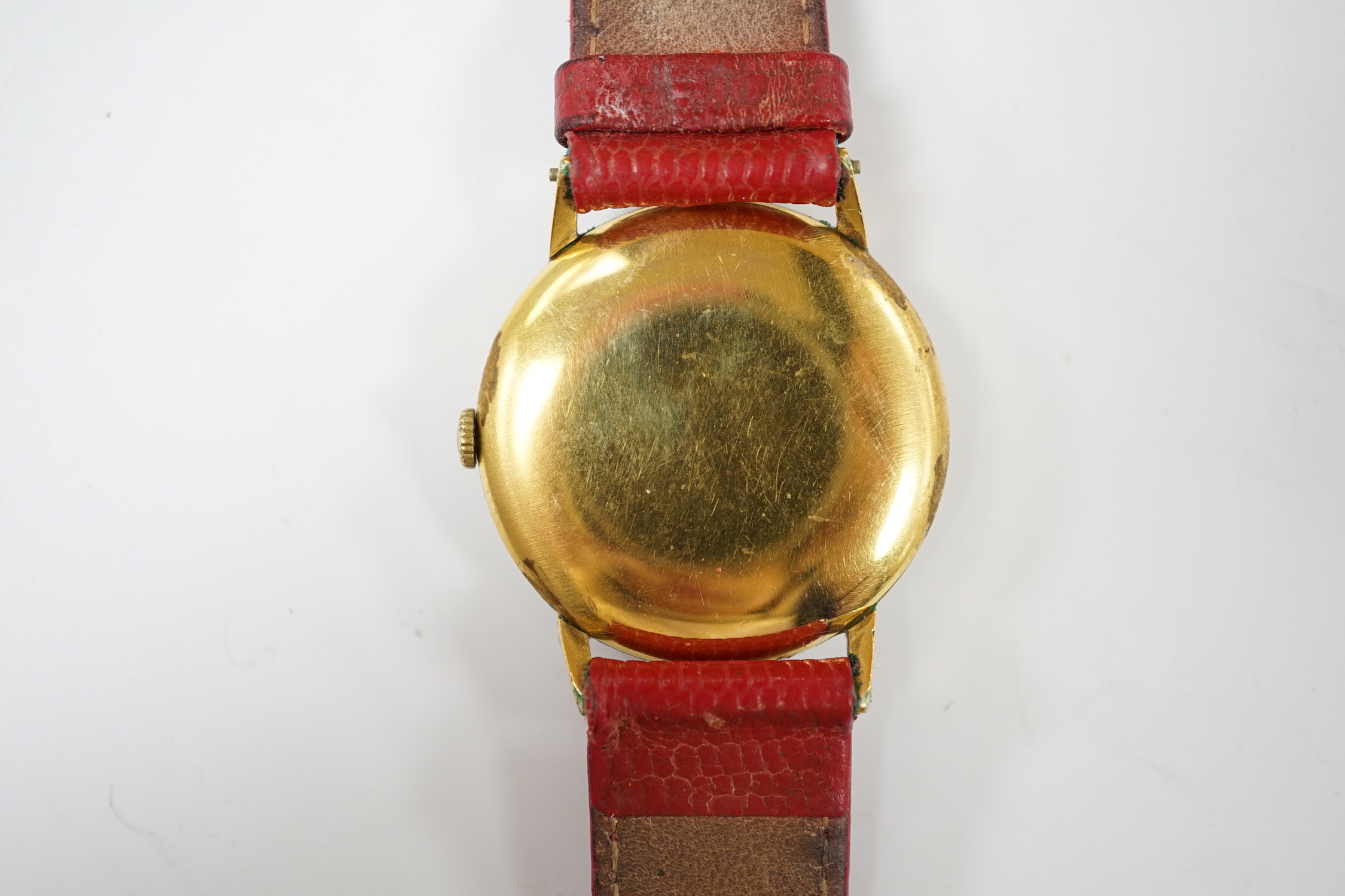 A gentleman's late 1940's gold plated Omega manual wind wrist watch, on associated leather strap, - Image 4 of 4