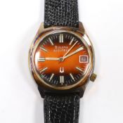 A gentleman's stainless steel and base metal Bulova Accutron wrist watch, with two tone dial, on a