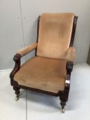 A late Victorian mahogany library chair, width 70cm, depth 78cm, height 94cm