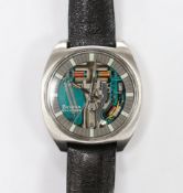 A gentleman's stainless steel Bulova Accutron M7 wrist watch, on a Bulova leather strap, case