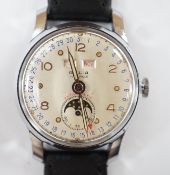 A gentleman's 1950's? stainless steel Galia calendar moonphase manual wind wrist watch, on an