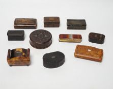 A collection of ten snuff boxes in tortoiseshell, treen or horn, etc.