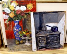 Michael John Blaker (1928-2018), two oils on board, Still life of fruit & flowers and vintage stove,