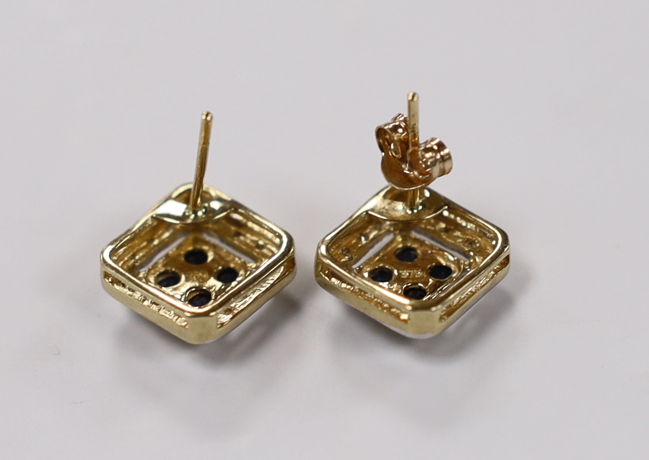 A modern pair of 375 yellow metal, sapphire and diamond chip set square cluster earrings, one - Image 2 of 3
